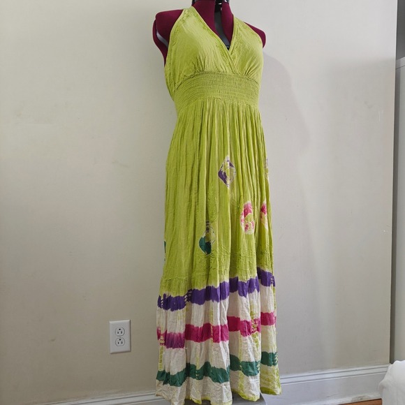 Dresses & Skirts - Lime Green Cotton Tie Dye Maxi Dress Boho Halter Smocked Waist One Size Colorful